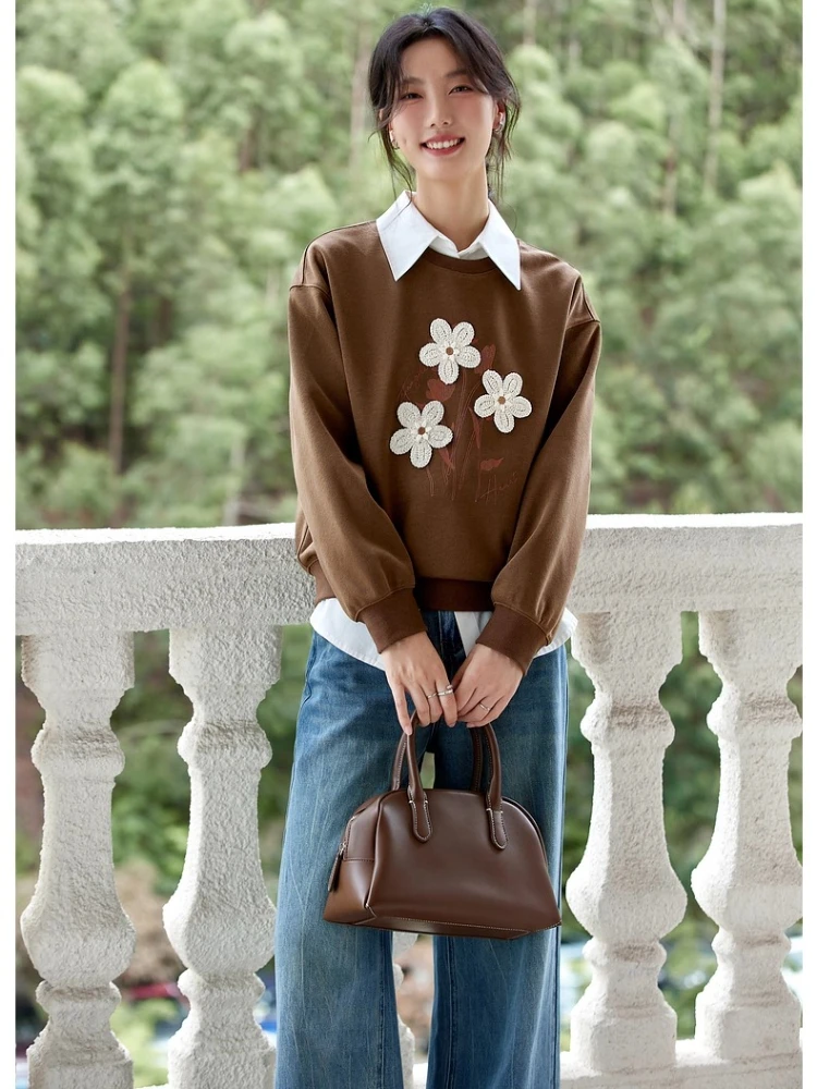 

VIMLY Brown Sweatshirt Women Autumn 2025 Casual Floral Print Long Sleeve Tops for Woman Loose Round Neck Ladies Sweater A2511