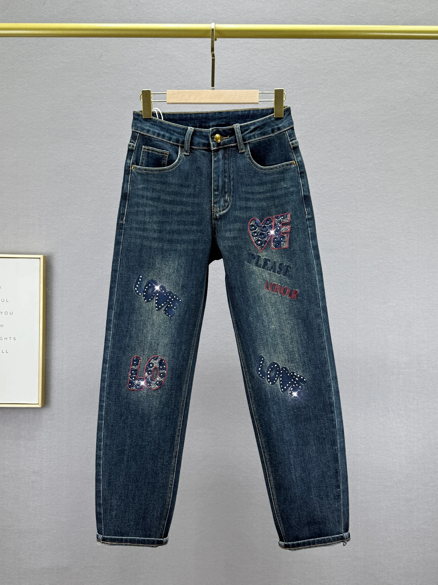 

Ретро джинсы женские с высокой талией, эластичные, облегающие, фасона «харлан», с вышивкой, потертостями и стразами, из хлопкового стрейч-денима, синие