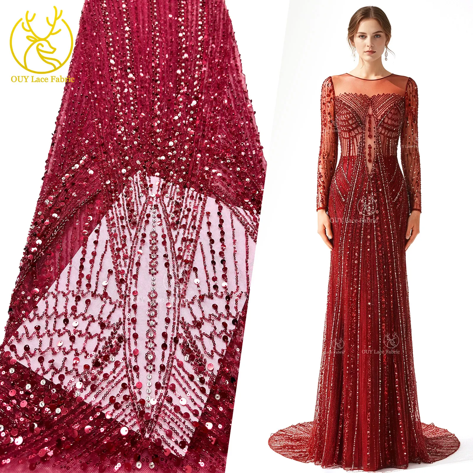 

Red Exquisite African Mesh Beaded Lace Fabric 2026 High-Quality Premium Nigerian Sequin Tulle Lace Fabric Wedding Dress Material