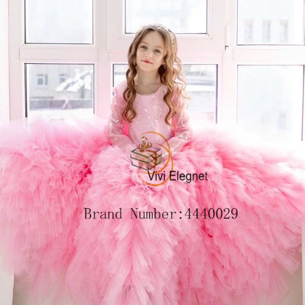 Pink Scoop Flower Girls Dresses with Sequined Full Sleeve Christmas Gowns 2023 Summer New Soft Tulle Zipper فلور فتاة اللباس