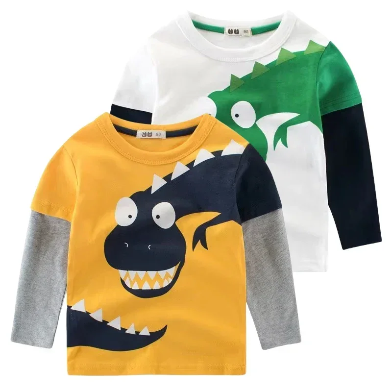 

Cartoon Dinosaur T Shirt Boys 2025 Spring Autumn New Long Sleeve O-Neck Children's T-Shirts Cotton Top Kids Clothes Dropship