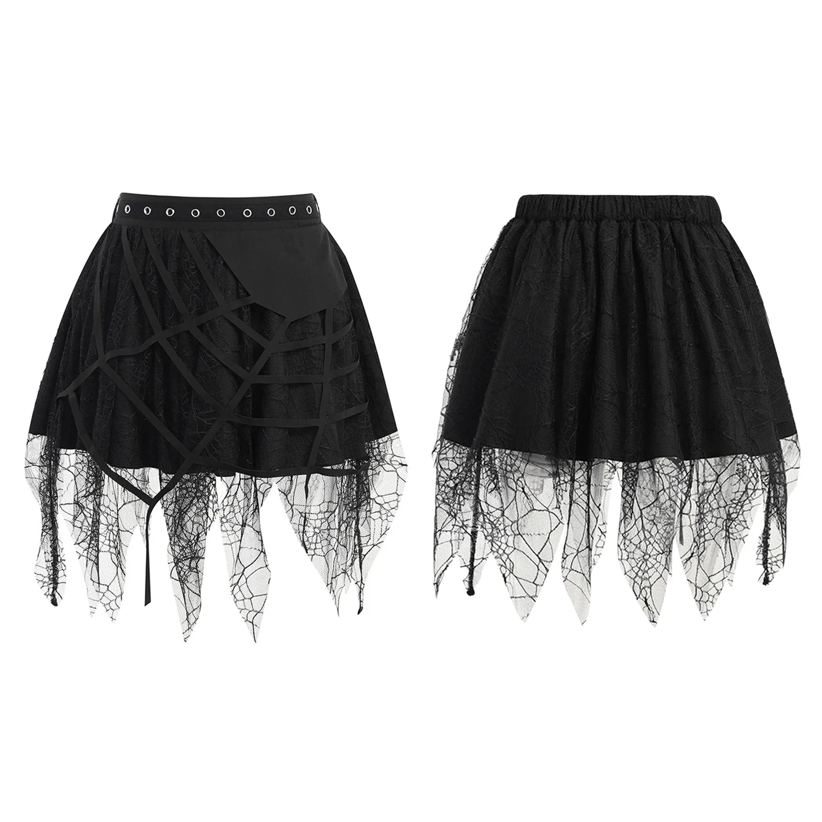 

Black Women Punk Gothic Lace Skirt Hollow Cobweb Irregular Lace Eyelets Waist Tiered A-lined Skirt Halloween Steampunk Costume