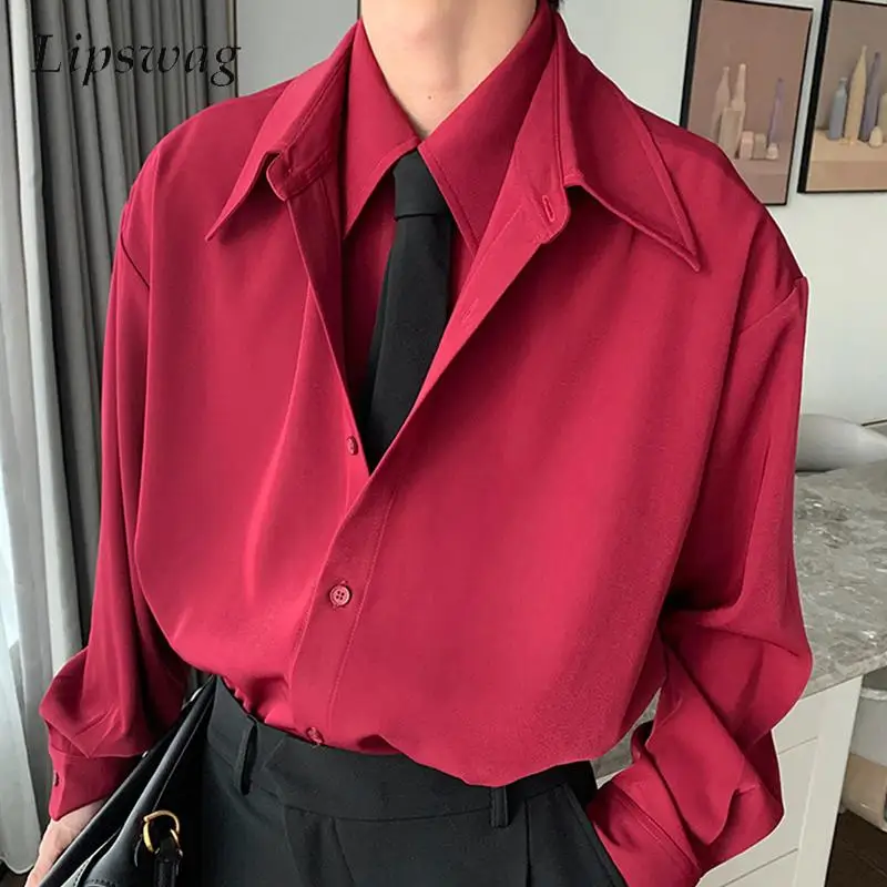 

Trendy Double-layer Design Mens Shirts Spring Long Sleeve Buttoned Lapel Casual Shrit Streetwear Vintage Men Solid Color Shirts