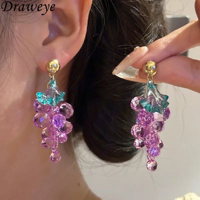 Draweye Purple Grape Earrings for Women Korean Fashion Sweet Crystal Vintage Jewelry Elegant Cute Simple Pendientes Mujer