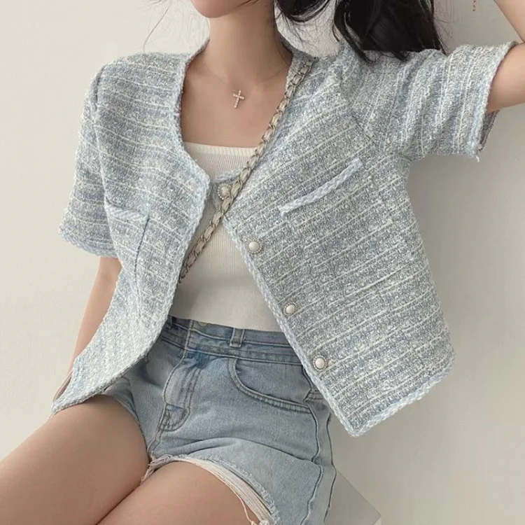 Korean Chic O-neck Double Pockets Coat Women Summer Pearl Button  Breasted Jackets Loose Short Sleeve Tweed Jacket