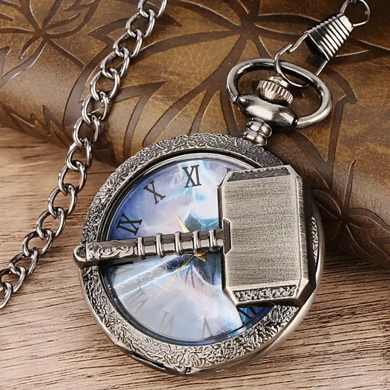 Vintage Gray Hollow Powerful Hammer Design Quartz Pocket Watch Clock with Chain Thunder Pendant Antique Cosplay Gifts Men Fans