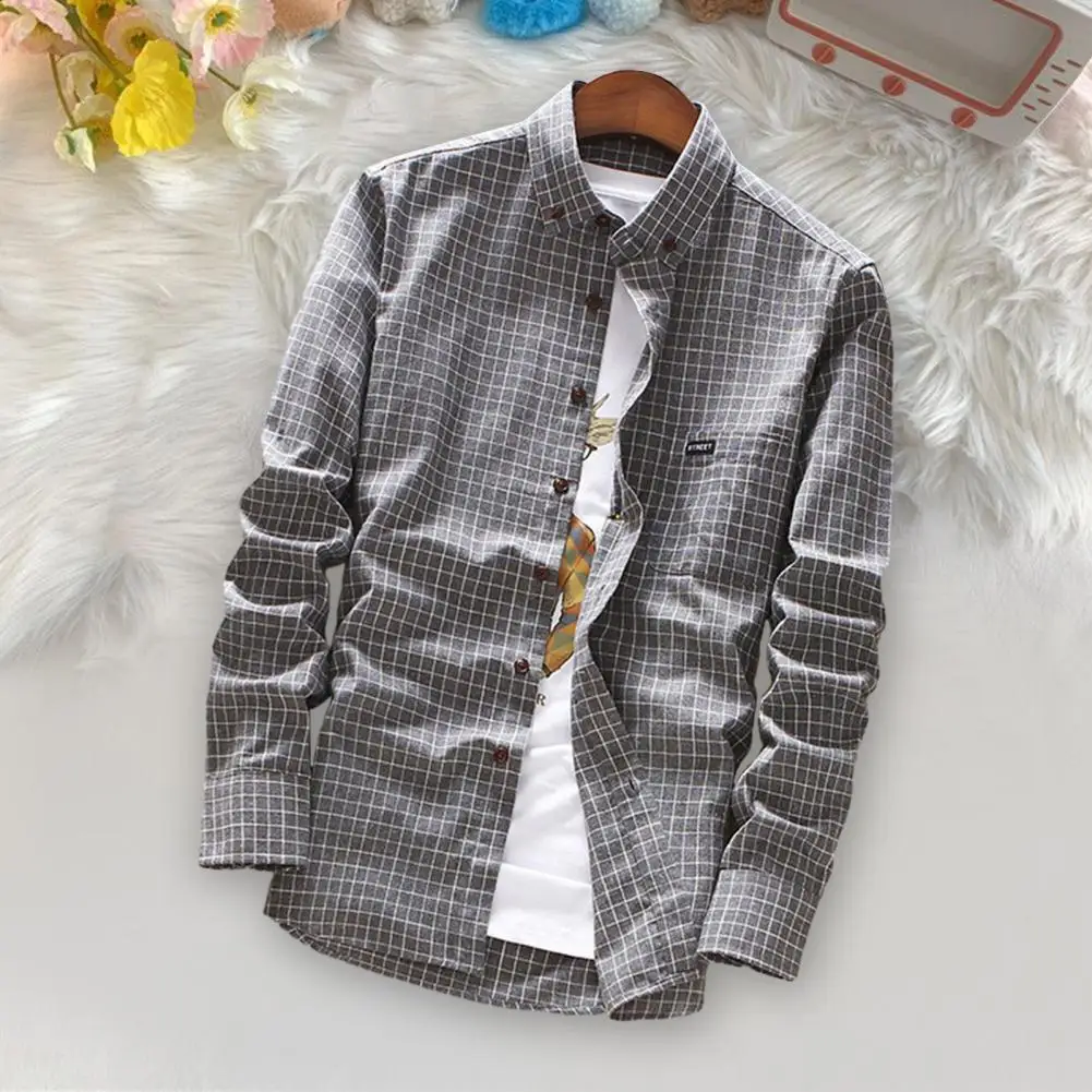 

Men Shirt Plaid Print Single Breasted Shirt Tops Lapel Long Sleeve Comfortable Casual Shirt