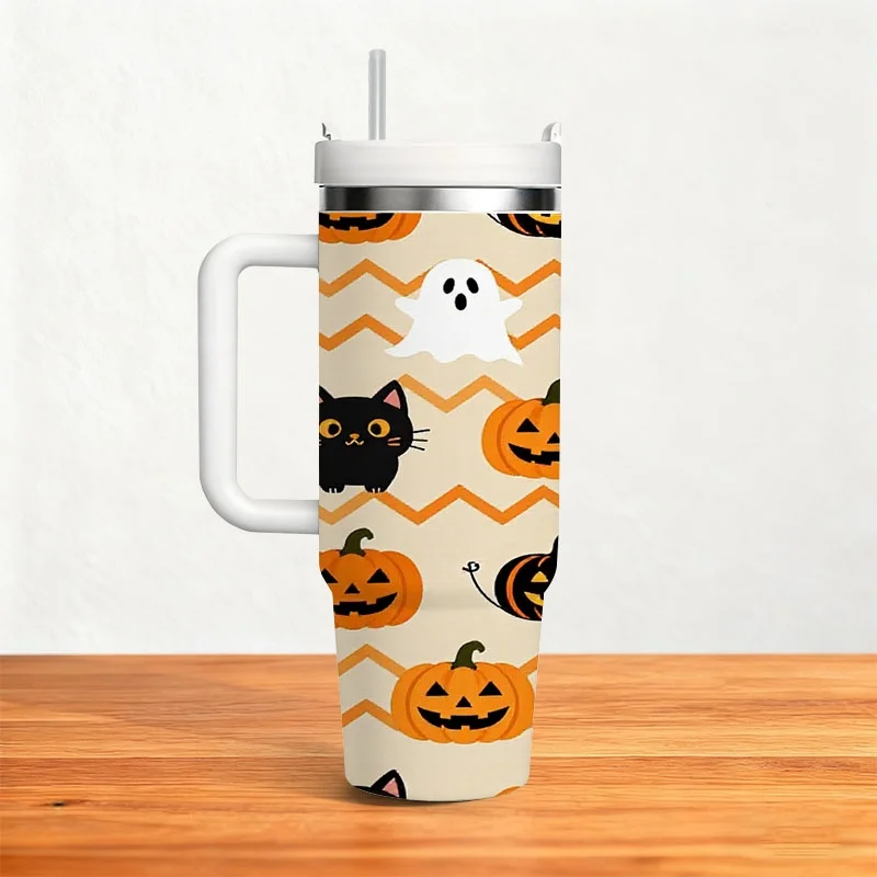 Halloween Themed Digital Print 40oz Stainless Steel Insulated Tumbler, Cute Pattern with Black Cats, Ghosts & Pumpkins, Reusable Thermal Cup for Keeping Drinks Hot or Cold, Ideal for Daily Commute & Outdoor Use