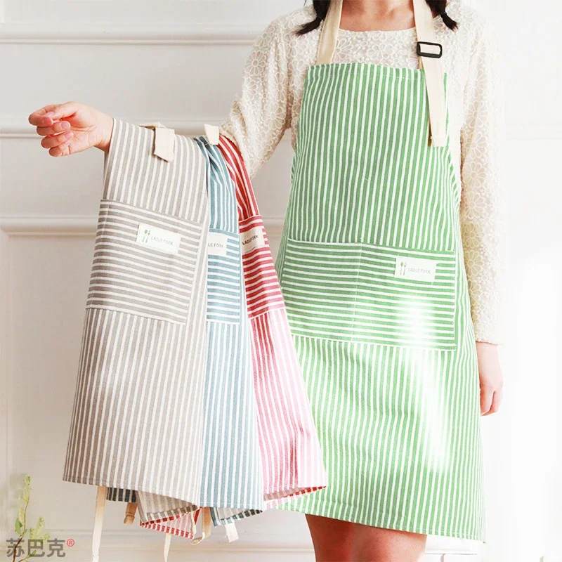 Cotton Linen Apron with Pockets Fashion Striped Adjustable Kitchen Apron for Cooking & Restaurant Work Unisex Home Cleaning Wear
