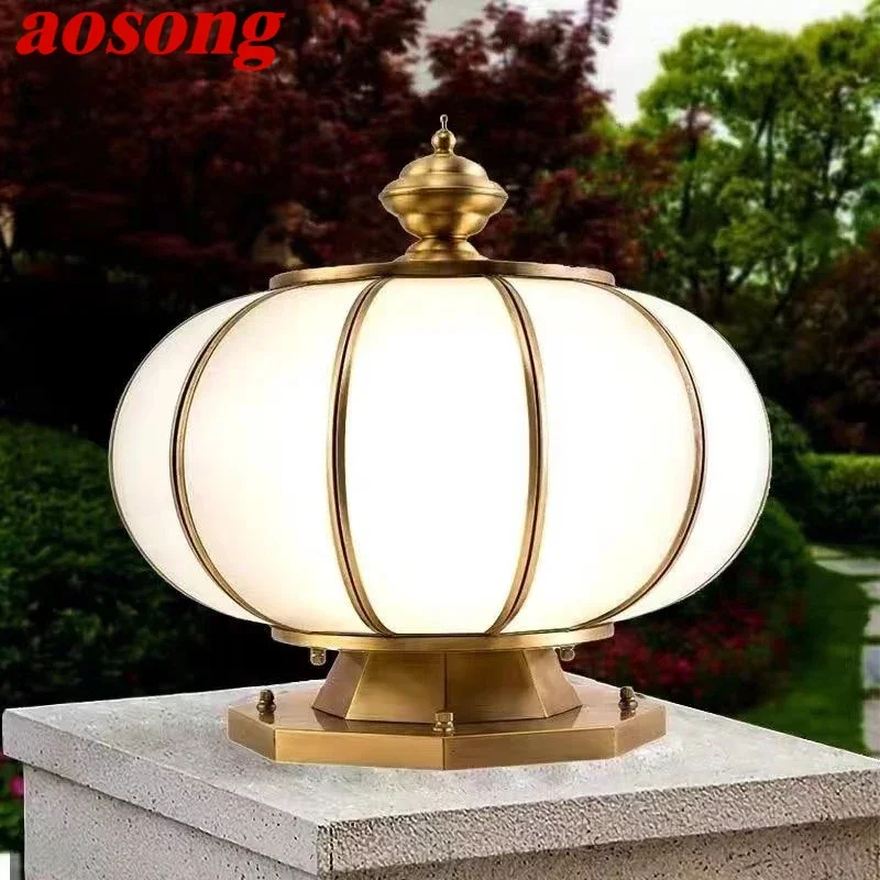 AOSONG Outdoor Solar Post Lamp Vintage Creative Chinese Brass  Pillar Light LED Waterproof IP65 for Home Villa Courtyard