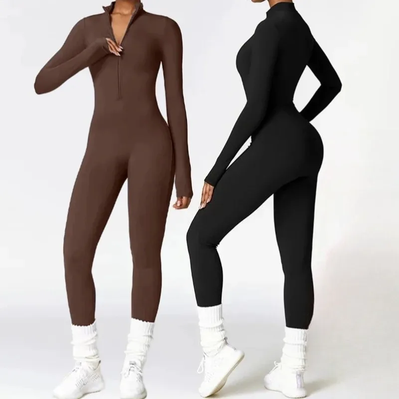 

New Women's Jumpsuits One-Piece Zipper Long Sleeved Yoga Set Gym Push Up Workout Clothes Fitness Bodysuit Sportswear Tracksuit