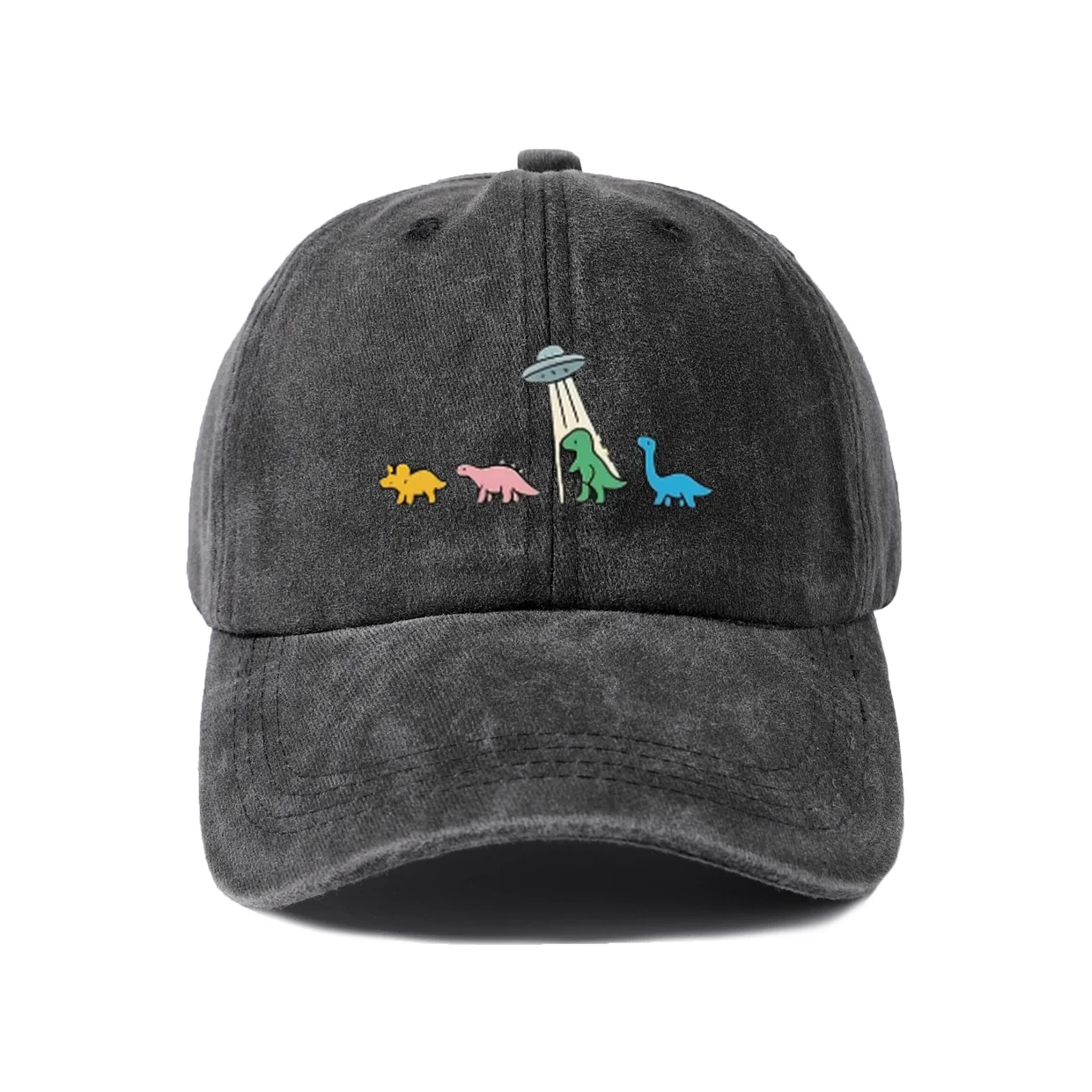 Vintage Washed UFO Dinosaur Abduction Graphic Baseball Cap, Adjustable Unisex Dad Hat, Funny Dinosaur Space Gift