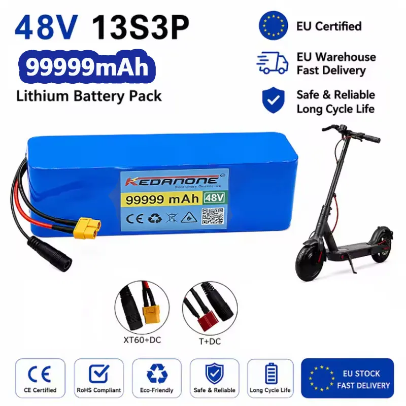 Batteria ricaricabile agli ioni di litio 48V 99,999Ah 13S3P 1000W con BMS intelligente e caricabatterie 54,6V per bici elettriche e scooter, spedizione rapida in UE