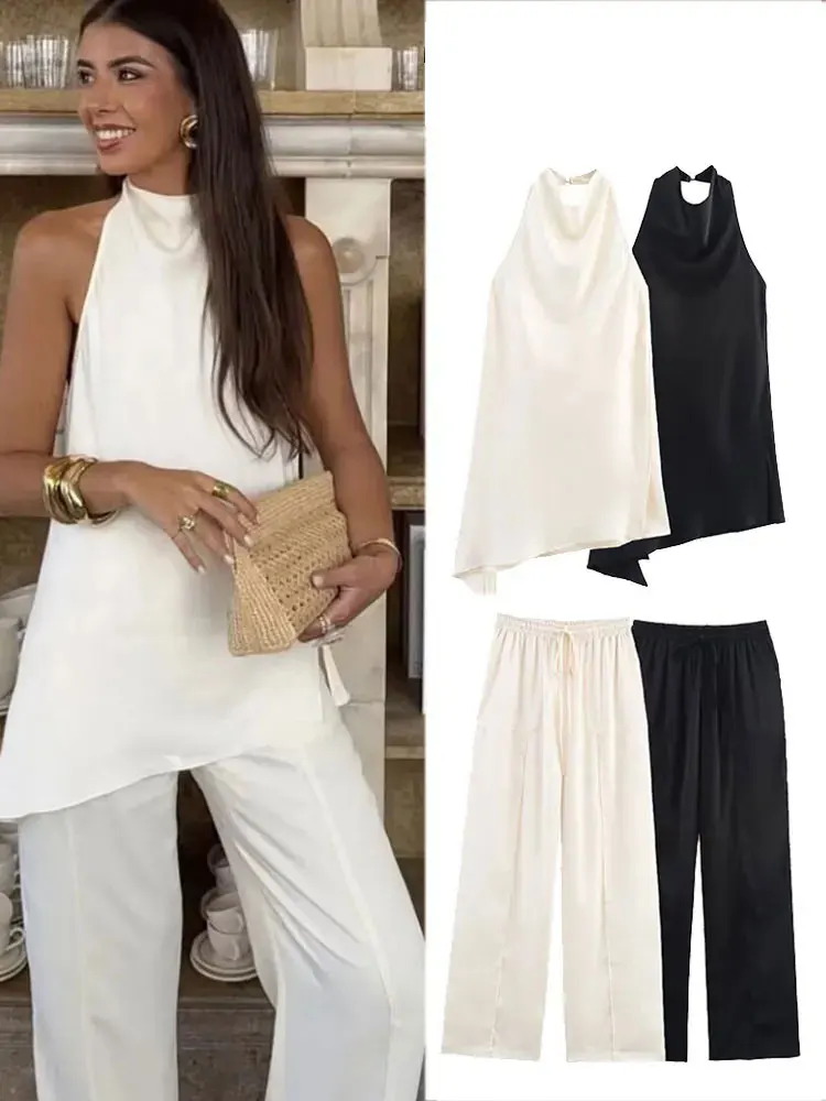 

HH Summer Women's Retro Casual Pant 2-piece Set Asymmetrical Silk Satin Texture Women's Halter Neck Backless Top Streetwear
