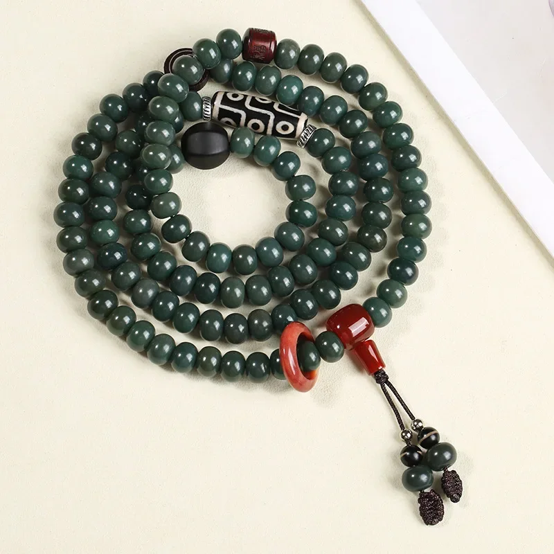 

Natural Green Bodhi Root Bracelet Multiple Loops High Throw 108 Men Women's Cultural Buddhist Beads to Enhance Energy Necklace