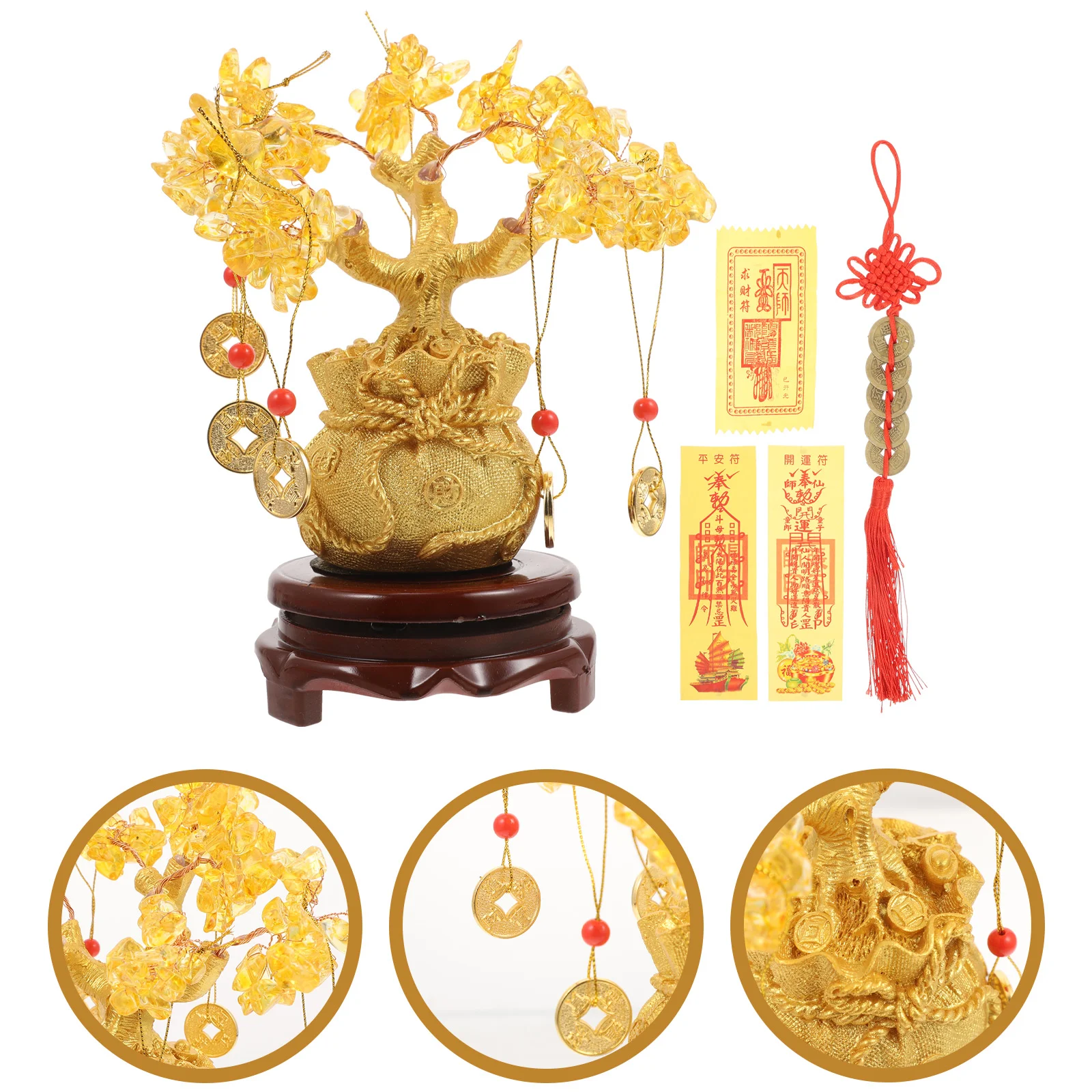 Feng Shui Ornament Tree Decoration Money Bonsai Style Crystal Desktop Wooden Ornaments Plants Chinese Wealth