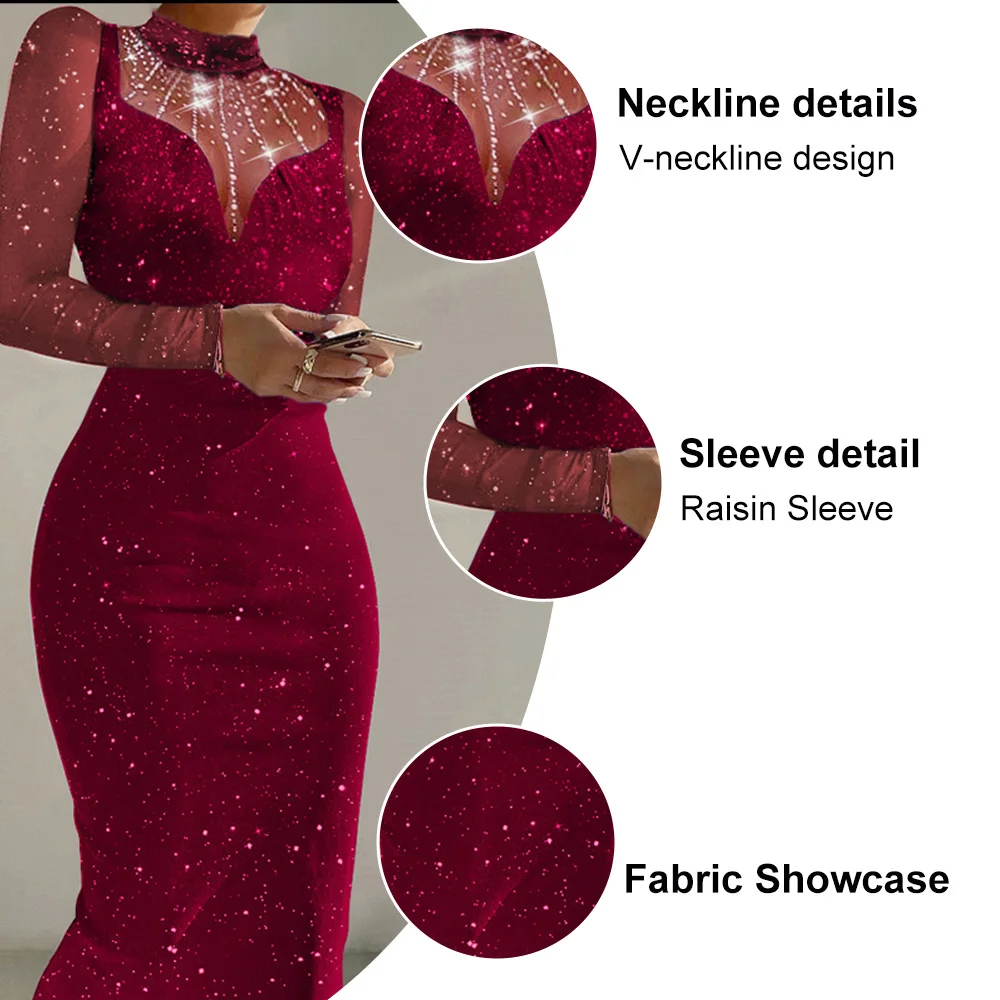 STUNROBES Sexy Sequin Formal Evening Dresses For Women 2024 Autumn High Waisted Slim Long Dress Ruched Elegant Party Prom Dress