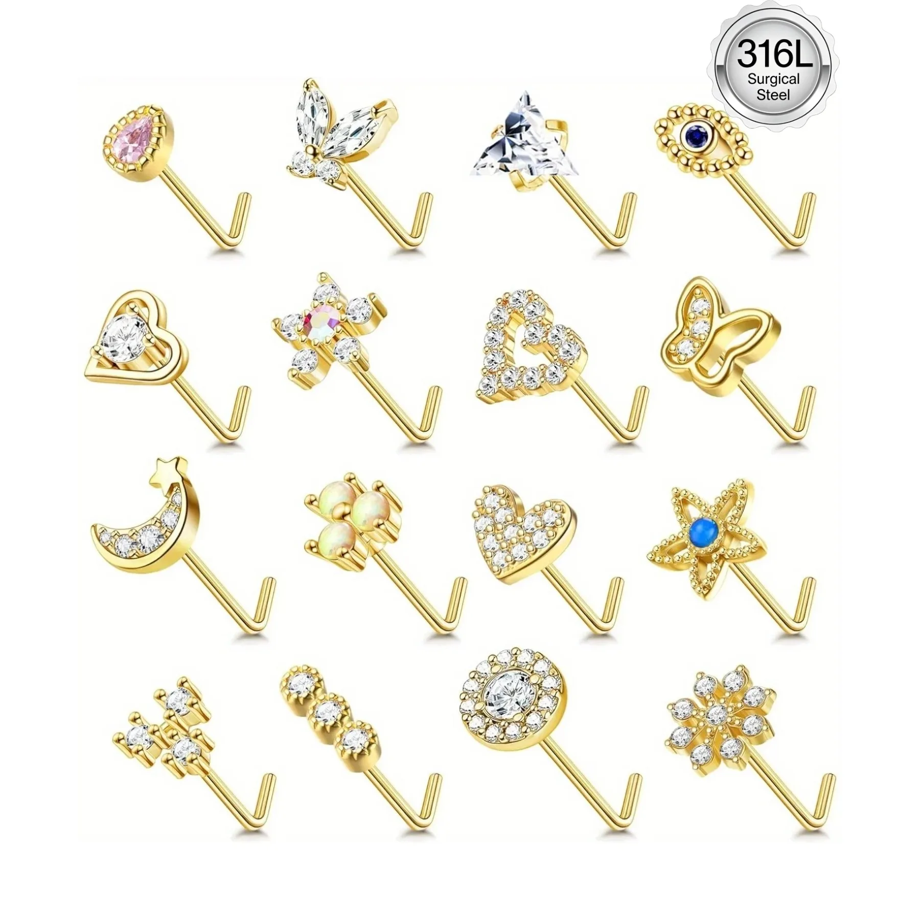 Drperfect 1Pc 22G Nose Studs L Shaped Nose Rings Studs for Women Opal CZ Heart Butterfly Nose Piercing Jewelry