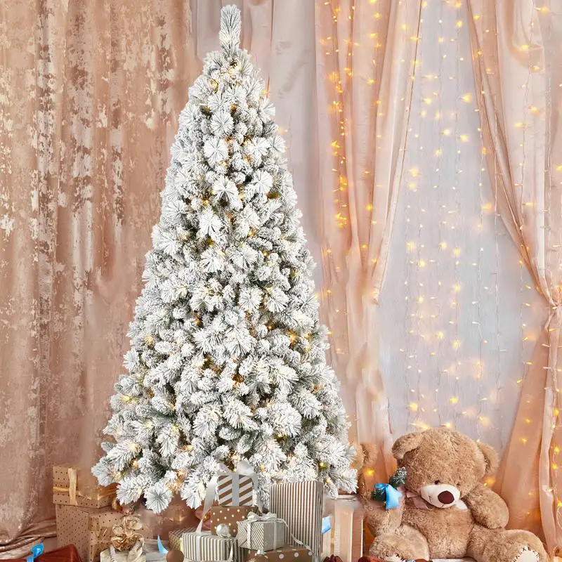 

6FT Flocked Christmas Tree with 350 Warm White LED Lights, 752 Tips, Snowy PVC & Hard Needle Branches, Easy Setup Hinged
