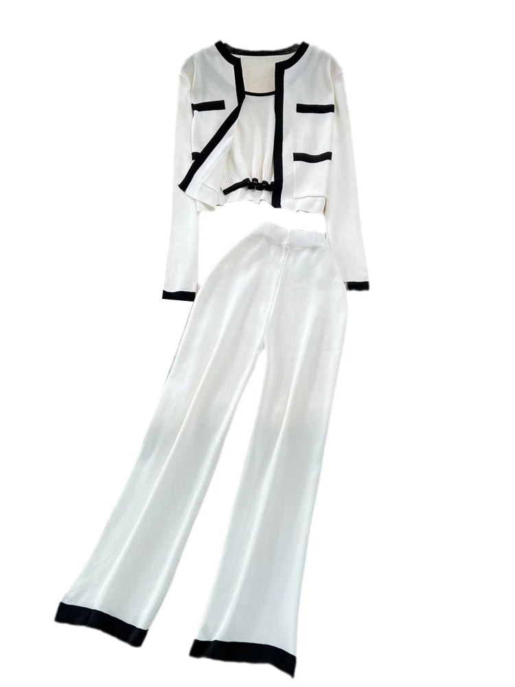 

Модный корейский трикотажный комплект Sle Long Sve с высокой талией, узкие прямые брюки, футболка, костюм из полиэстера, осень...