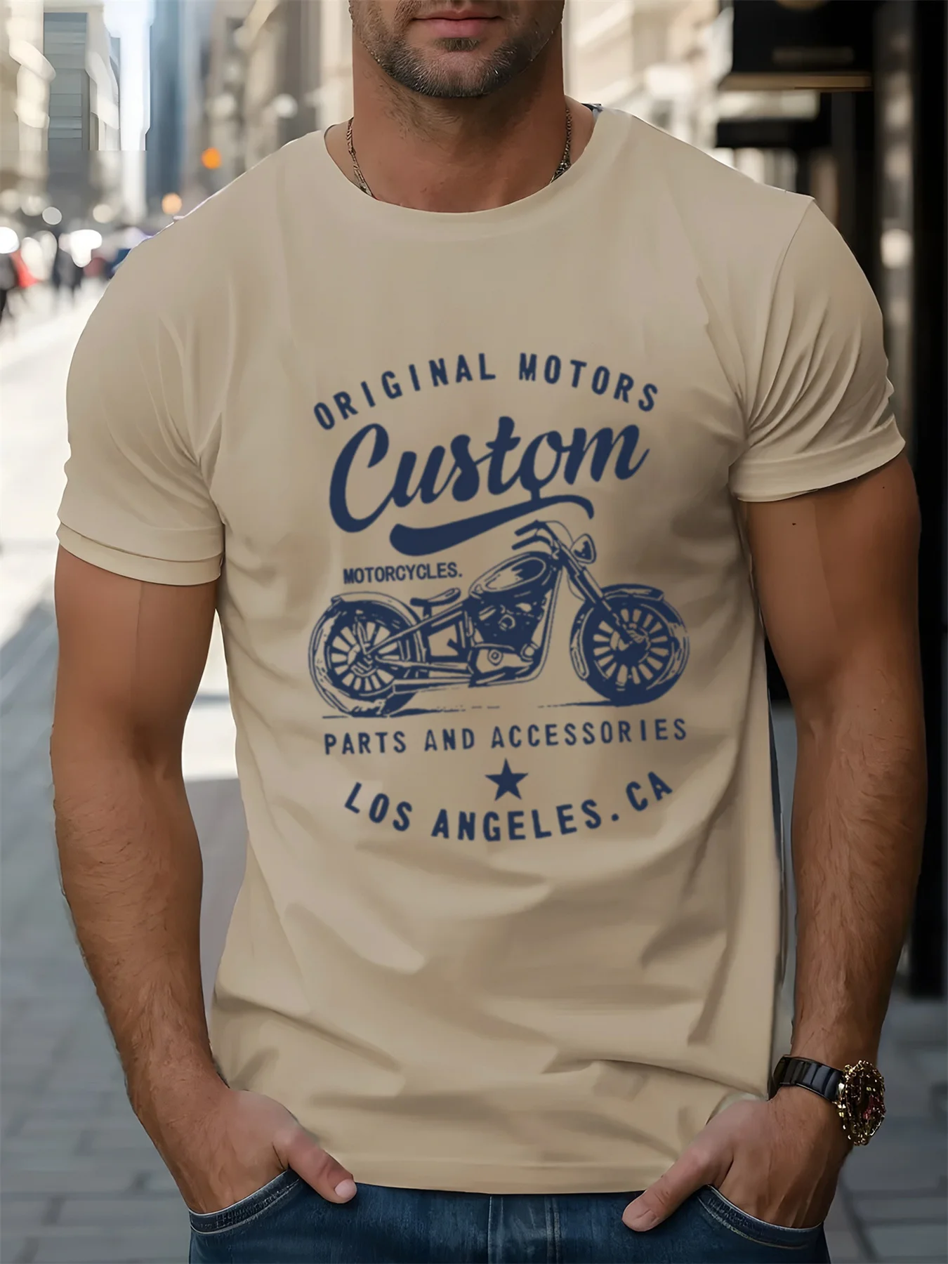 Men's 100% Cotton Fashionable Casual Loose Oversized Retro Motorcycle Pattern Printed Round Neck Short Sleeved T-Shirt