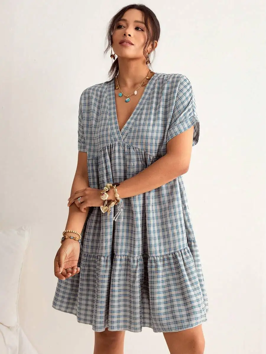 

Plaid Batwing Sleeve Ruffle Hem Loose Dress For Women Summer Beach Vacation Bohemian Style