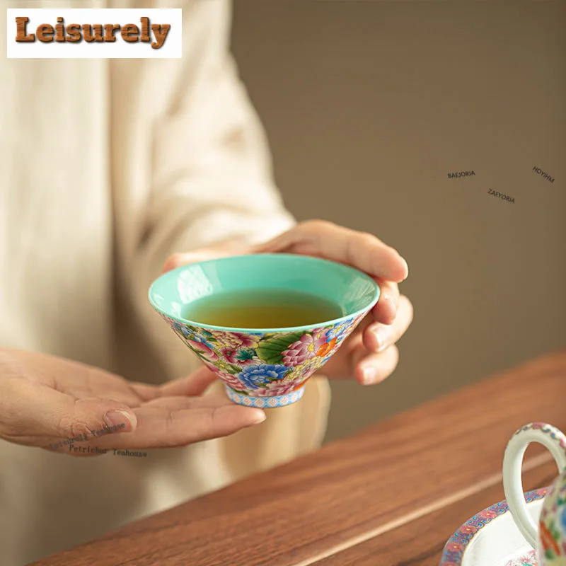 100ml Thousands Of Flowers Color Enamel Teacup Traditional Tea Bowl Cute Cup Tea-tasting Personal Cup Chazhan Master Cups Cafes