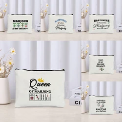 Mahjong Print Canvas Cosmetic Bag Zipper Storage Pencil Bags Wallet Travel Perfume Lipstick Makeup Bags Gift for Gambling Lover