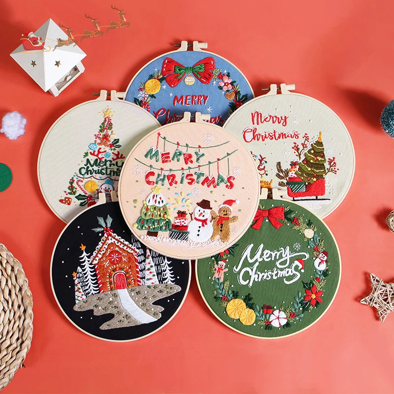 

Merry Christmas Embroidery Kit DIY Wreath Printed Pattern Flower Cross Stitch Set Needlework Hoop Handmade Sewing Xmas Gift