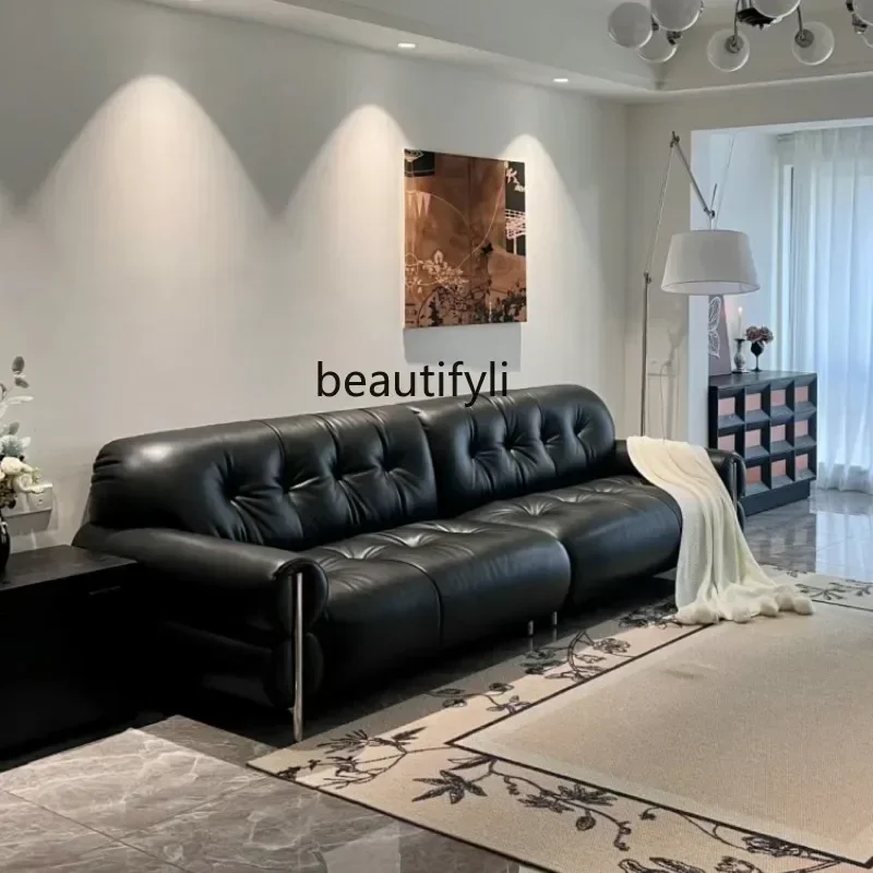 

French retro cloud sofa living room straight row three-person black high-footed sofa