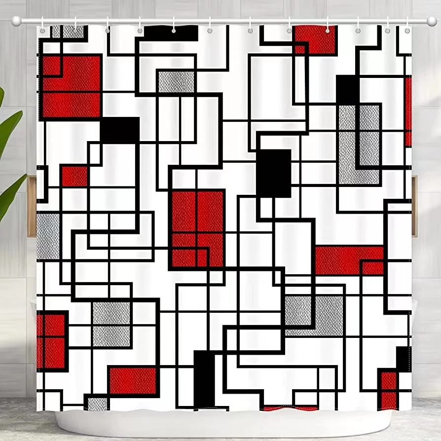 

Modern Geometric Shower Curtain Red And White Plaid Polyester Fabric Washable Decorative Waterproof Bath Bathroom Decor Hooks