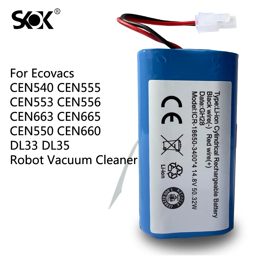 New 3400mAh Battery For Ecovacs Mirror CEN540 CEN546 CEN550 558 CEN640 CEN646 X500 X580 KK8 CR120 CR130 V780 V7 V7S 2 Wire Plug