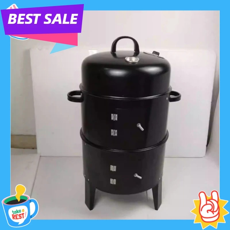 3 in 1 Outdoor Charcoal BBQ Smoker Grill Round for Patio Cooking Party Camping Yard