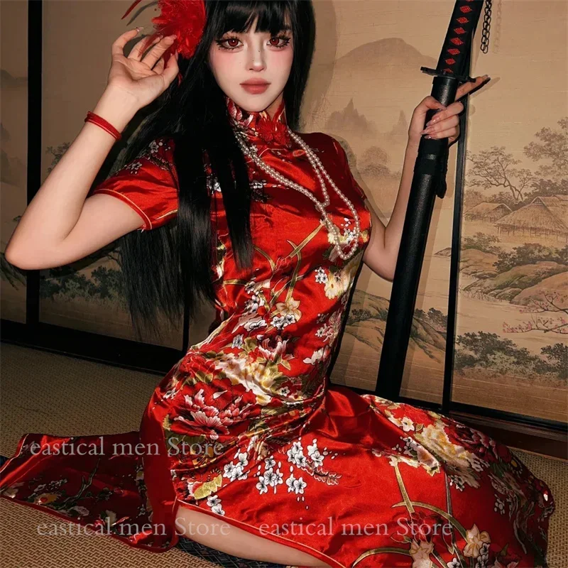 Sexy Red Flower Print Cheongsams Lady Long Qipao Satin Vestidos Improved New Chinese Style Dress Elegant China Dress Costume