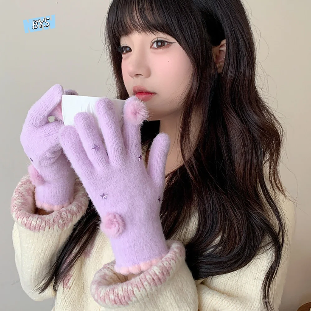 

Korean Style Warm Knitted Gloves Cold Protection Candy Color Full Fingers Mittens Pom-pom Touch-screen Girls Winter Gloves