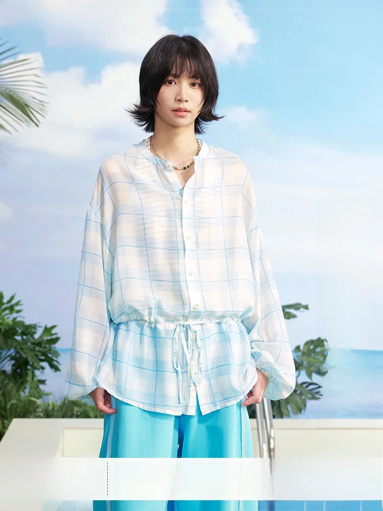 

Легкая дышащая рубашка с длинным рукавом, свободного кроя, с завышенной талией, в японскую клетку, женская повседневная рубашка из полиэфирного волокна