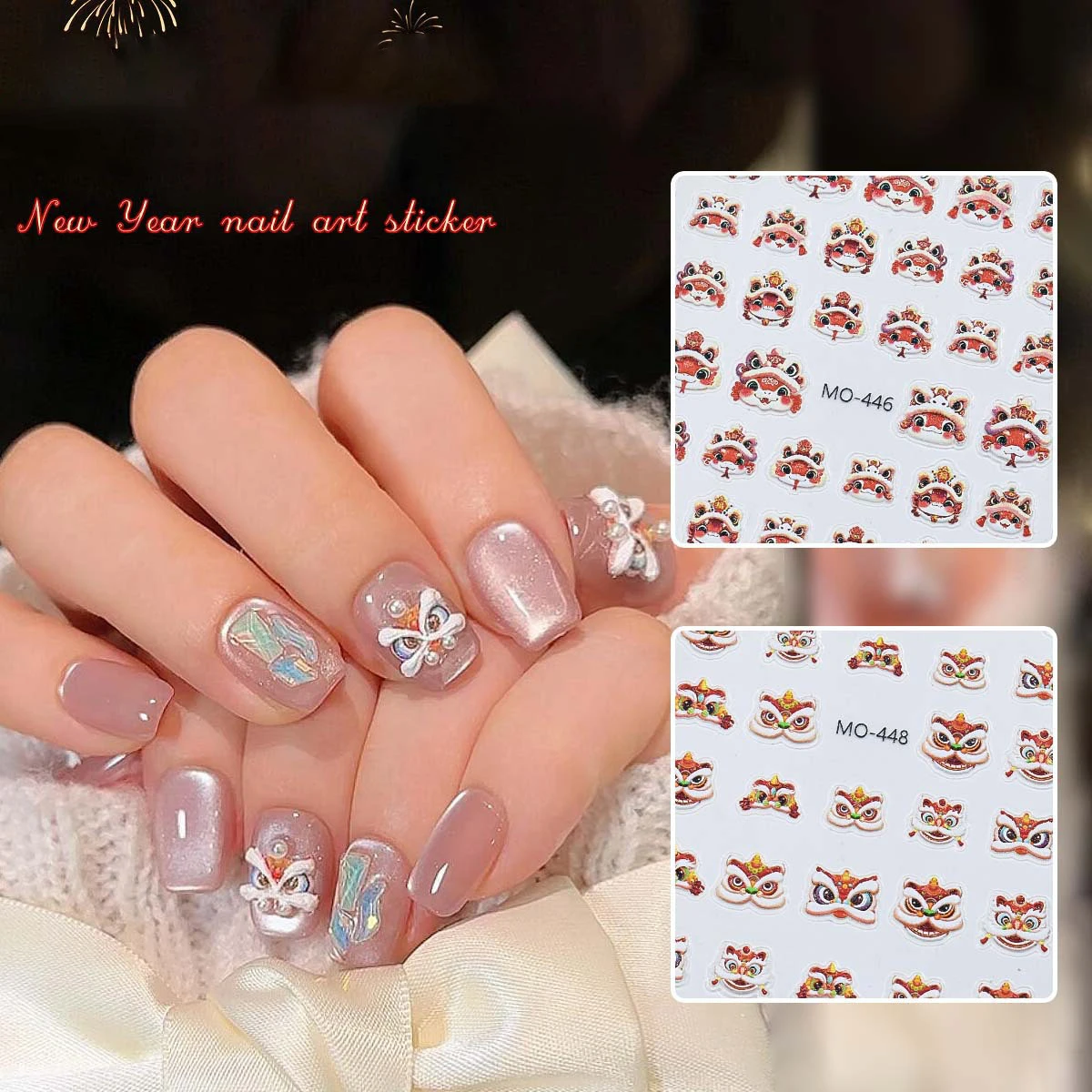 34Pcs China-Chic Little Awakening Lion Cute Nail Enhancement Sticker Lucky Lion Dance Relief Spring Festival Manicure Decoration