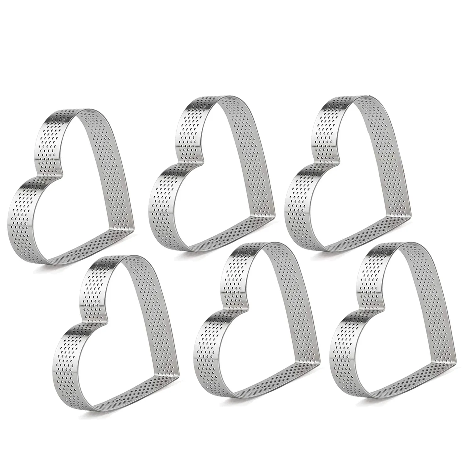 6 Pack Heart Shape Tart Rings,Perforated Stainless Steel Cake Mold Rings, 0.78 Inch High, 3.6 Inch in Diameter