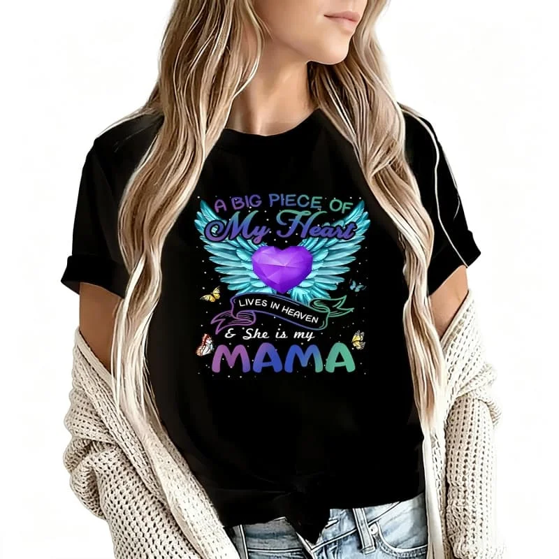 E of My Heart Lives in Heaven She Is Mama Women's T-Shirt 100% Cotton Funny Graphic Short Sleeve Tee Novelty Shirt Casual Crew Neck Top S-5Xl