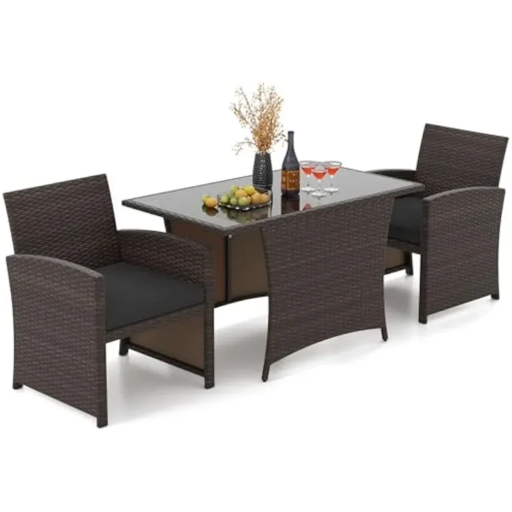 

3 Piece Outdoor Dining Set, Wicker Patio Bistro Set with Tempered Glass Top & Cushions, PE Rattan Conversation Set for 2,