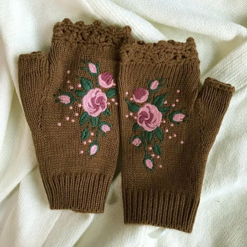 Niedliche Vintage-Handschuhe mit Stickerei, gestrickt, Bienenmuster, halbe Finger, fingerlose Handschuhe, koreanischer Stil, warme Winter-Wollhandschuhe, für den Außenbereich – Detail 16