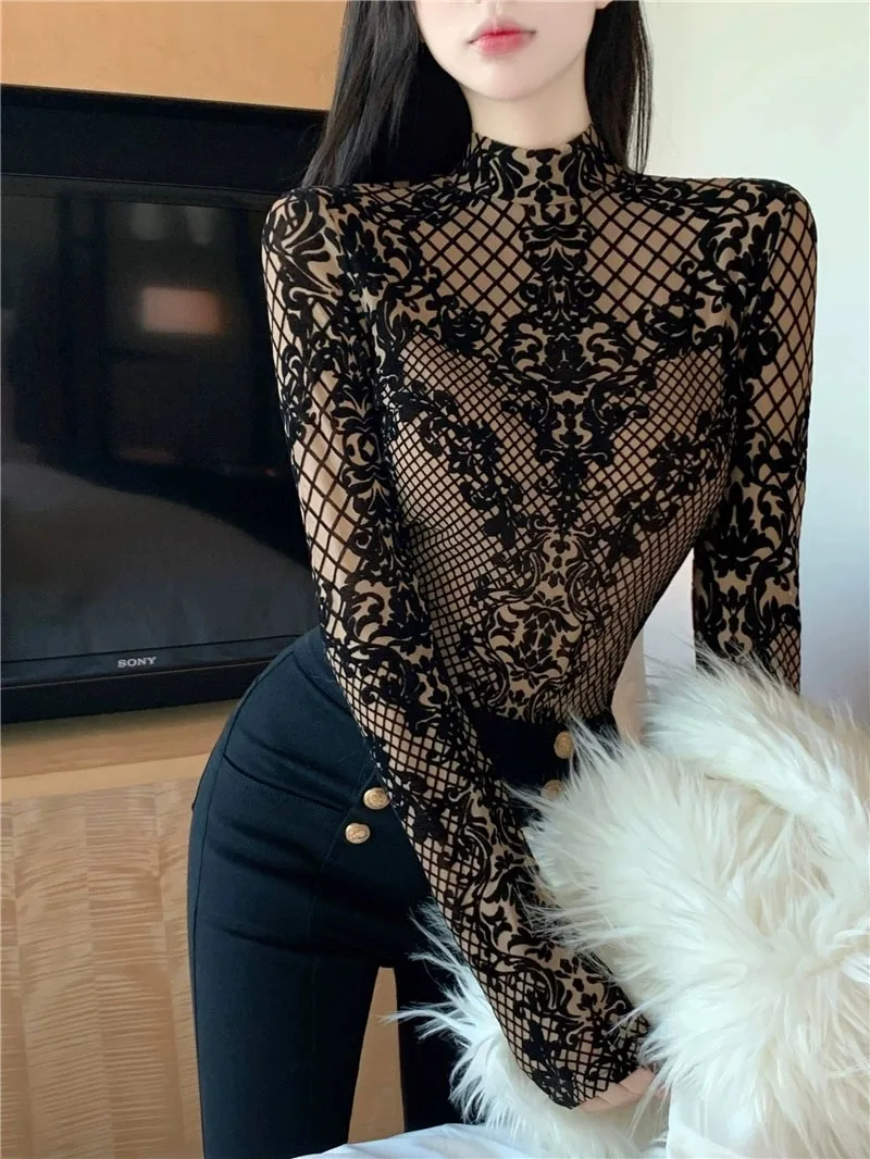 

Ins Sexy Female Bodysuit Network High Neck Rompers Long Sleeve Charming Jumpsuit Lace Crochet Playsuit Party Club Wear Sexi Tees