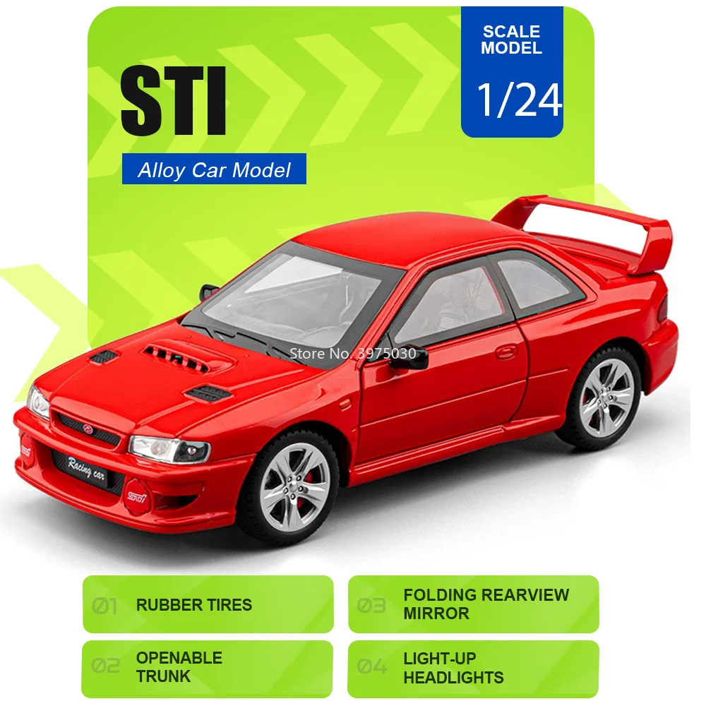 

1:24 SUBARU STI Car Alloy Miniature Toy Diecast Model Sound and Light Shock Absorption Doors Opened Vehices Holiday Gift for Boy
