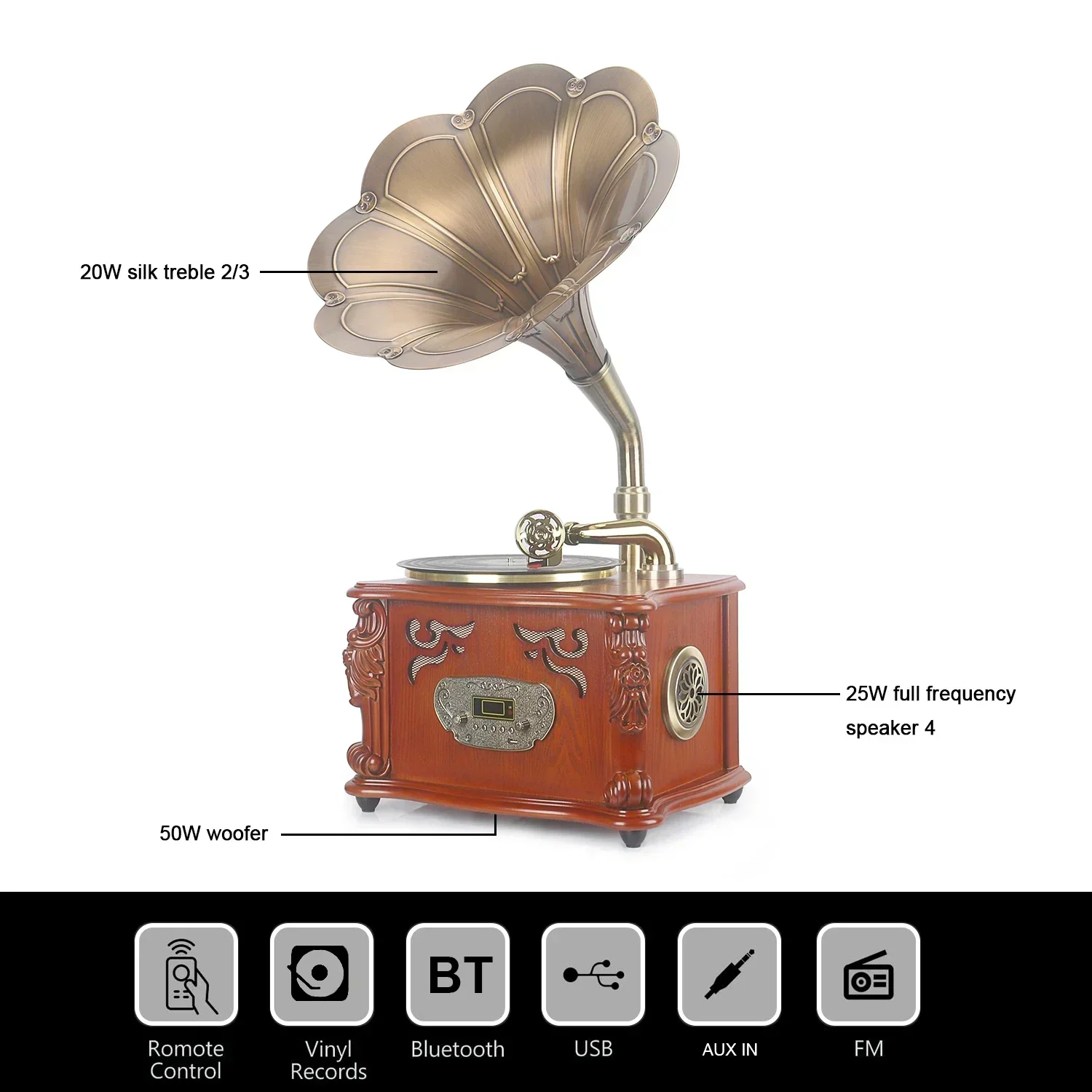 Brown Vintage Classic Home Decoration Retro Antique Gramophone Phonograph Turntable Vinyl Record Player Stereo Speakers System