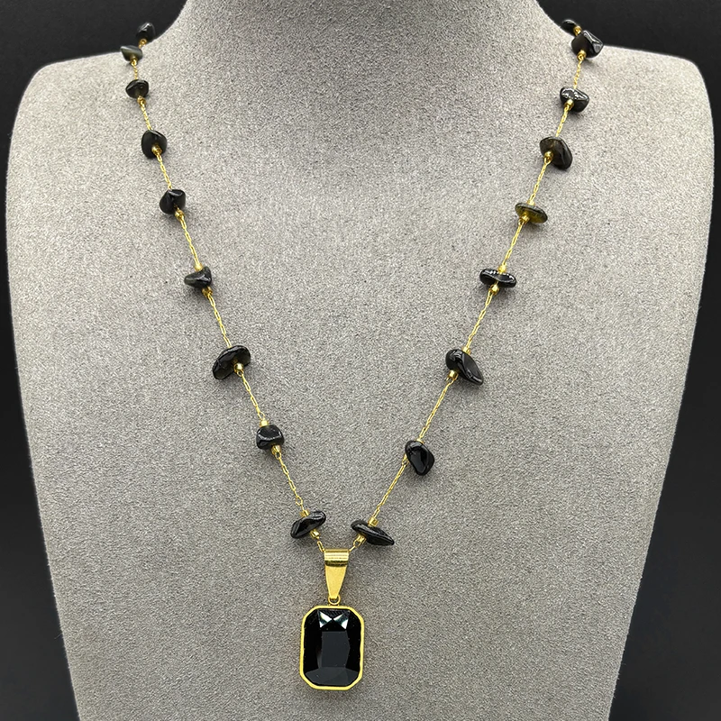

Fashion Black Obsidian Geometric Pendant Choker Necklace for Women Girls Stainless Steel Natural Stone Chain Necklaces Jewerly