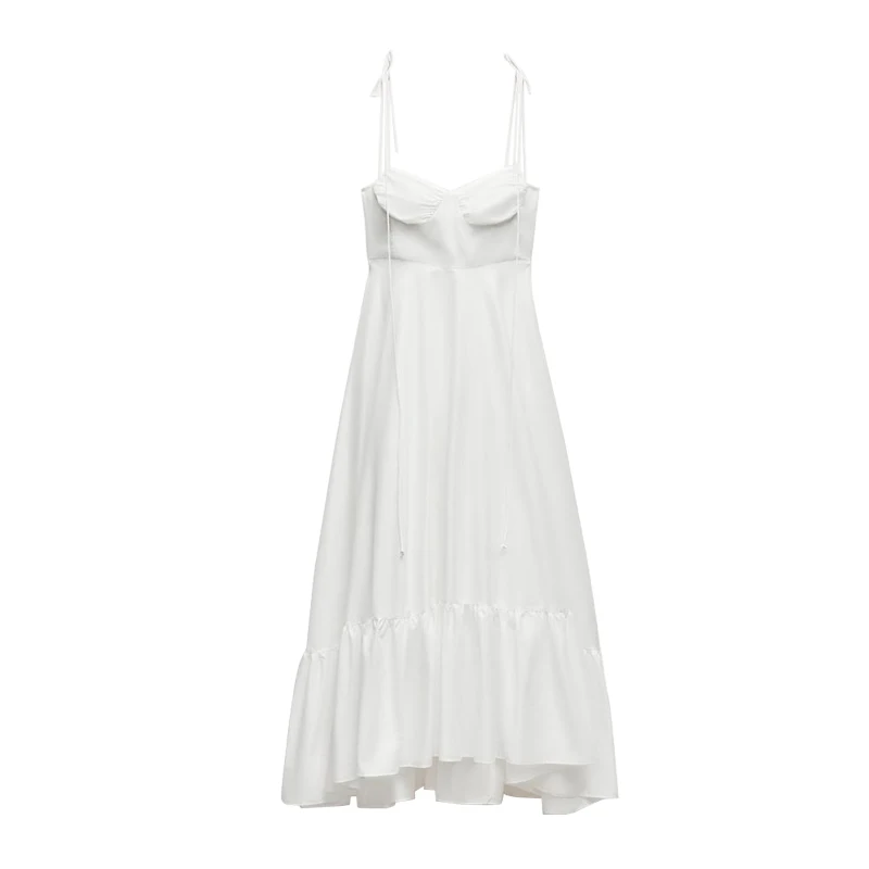 Vestido longo de seda sem mangas com decoração em camadas de laço de borboleta e gola de coração branca, estilo primavera, ci...