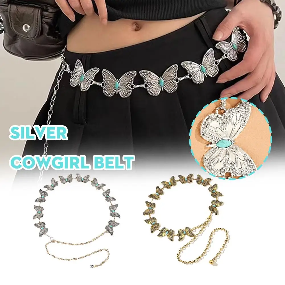 

Adjustable Vintage Butterfly Waist Chain Classic Turquoise Inlaid Metal Chain Belt Boho Body Jewelry Dress Girdle For Women N9E7