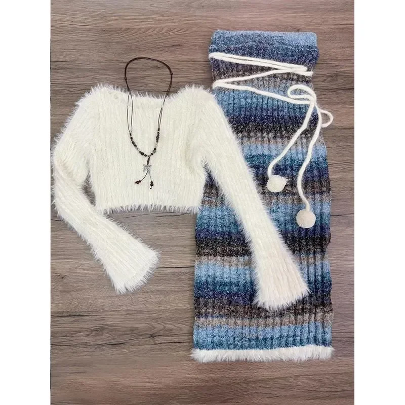 

Sweet Y2k, осенне-зимний Радужный вязаный новый комплект из двух предметов, женский пуловер с допамином, свитер, юбка средней длины, костюмы, шикарная тонкая юбка