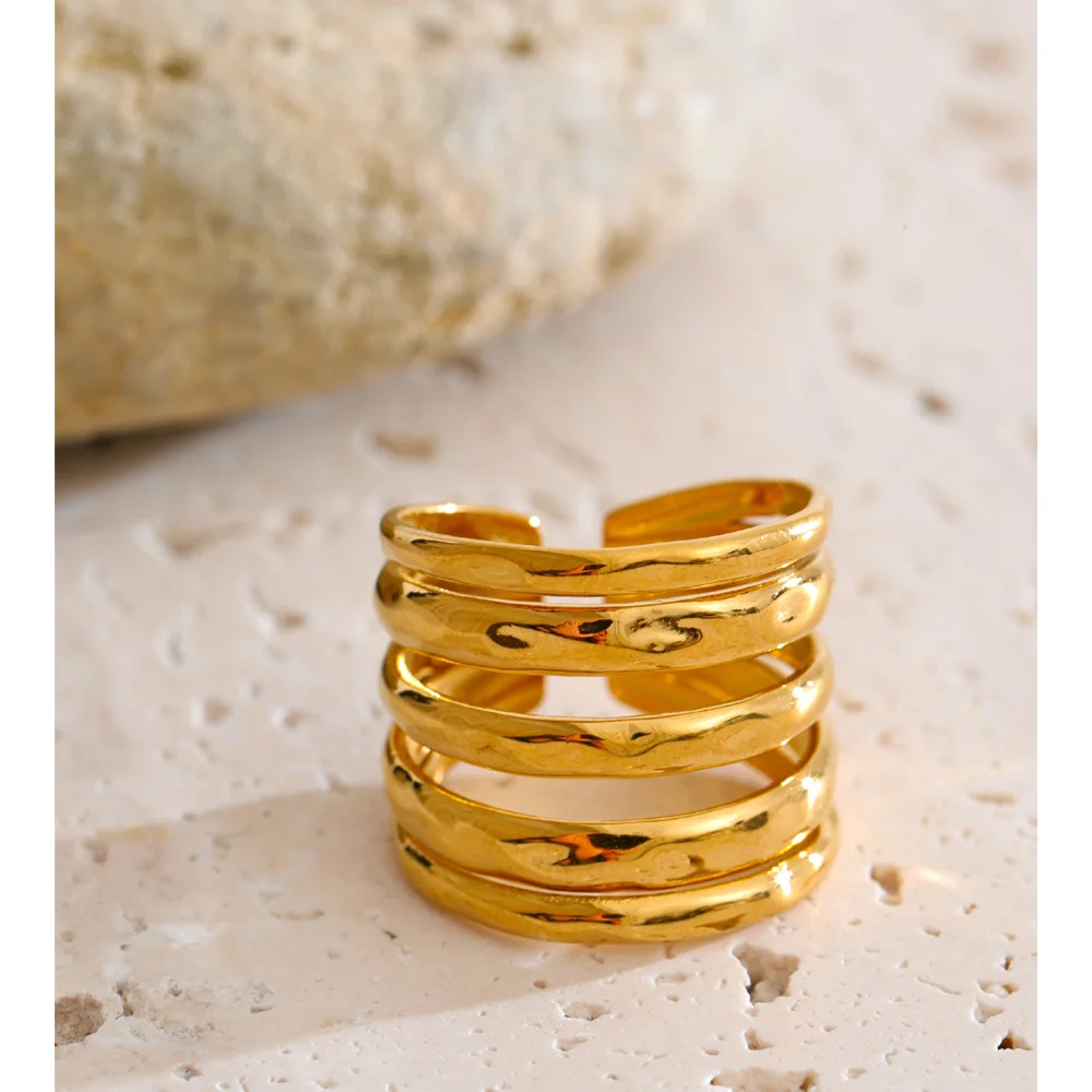 Yhpup Size 7.5 Stainless Steel Layered Wide Open Ring 18K Gold Color PVD Plated Geometric Charm Finger Fashion Jewelry Wholesale
