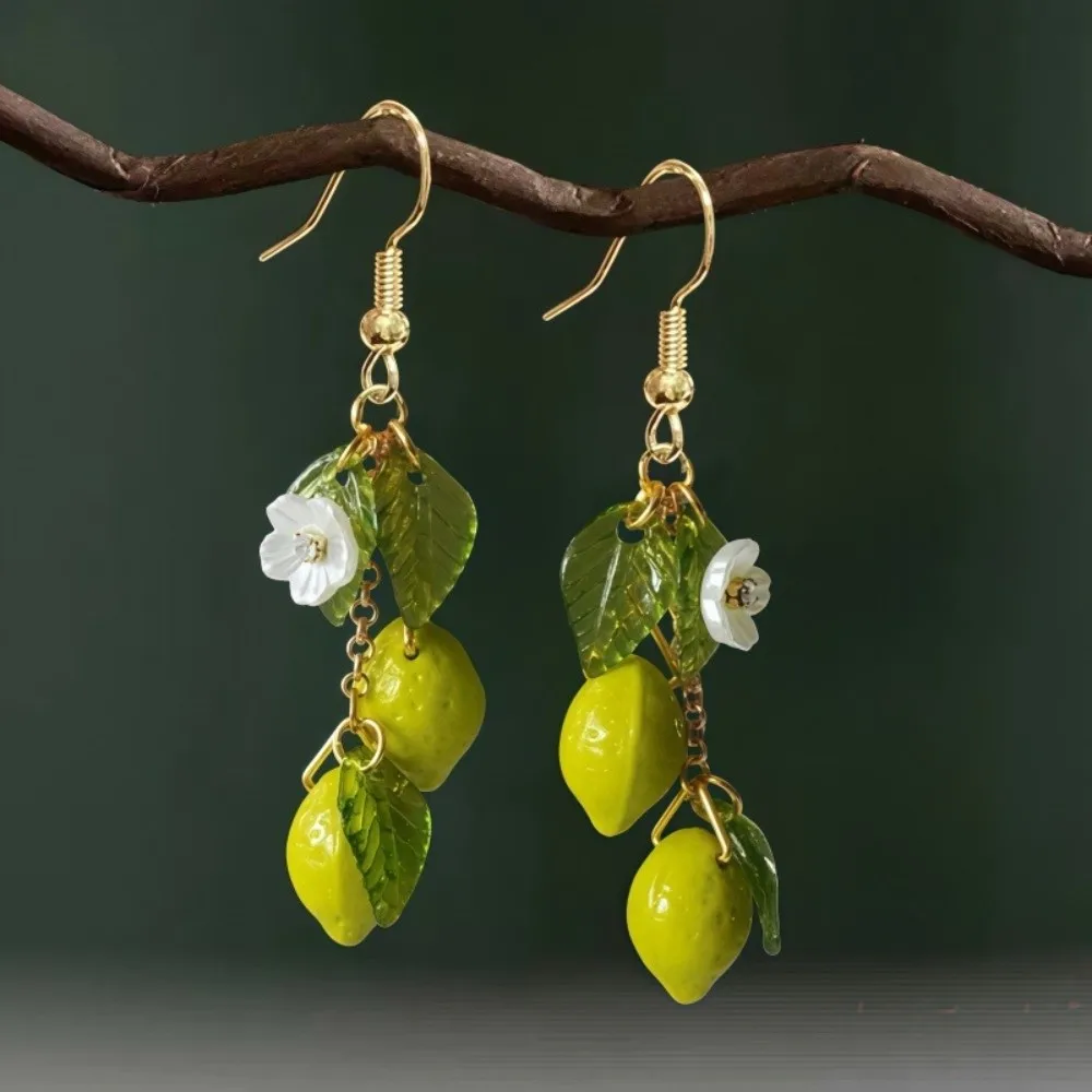 Gift Sweet Lemon Shaped Necklace Flower Acrylic Dangle Earrings Trendy Cute Fruit Hooks Earring Casual Wear